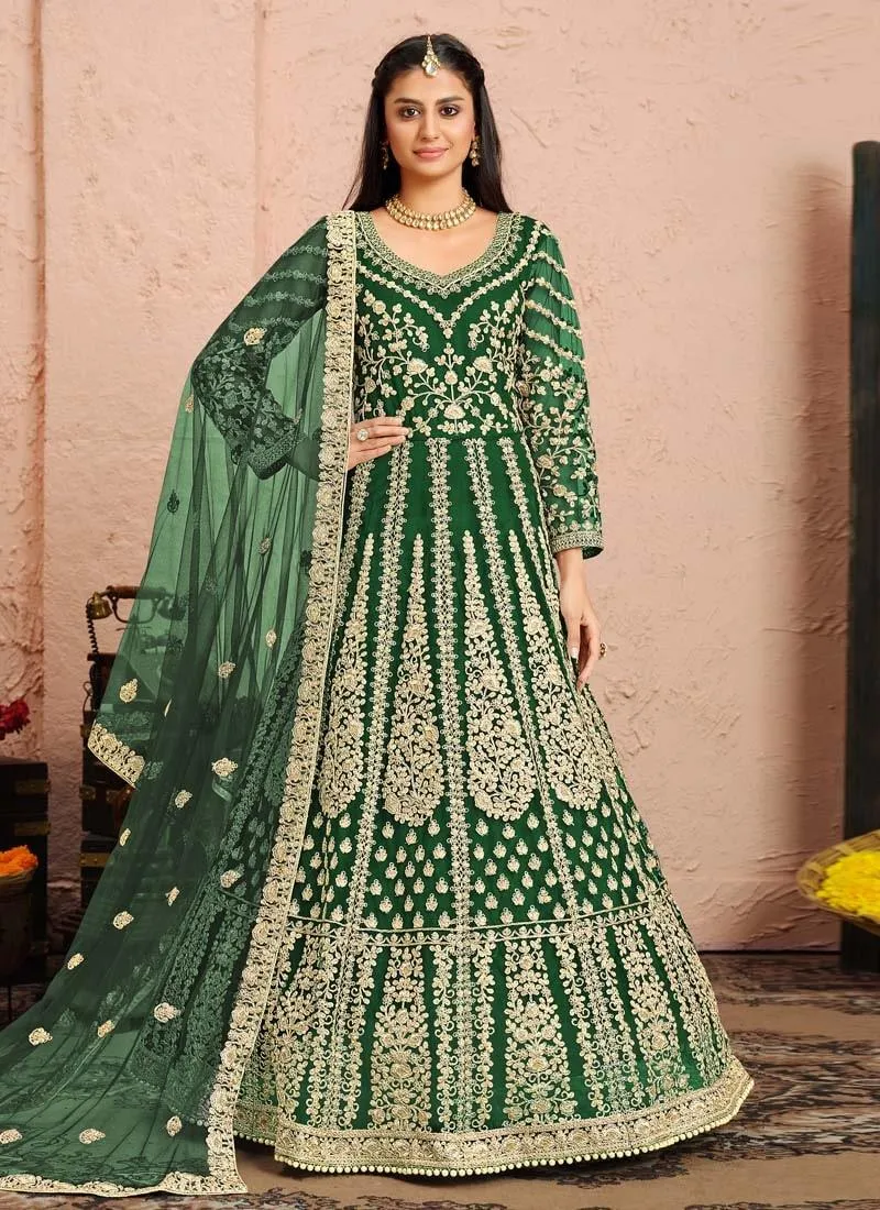 Adorable Green Color Soft Net Base Zari Work Partywear Designer Gown