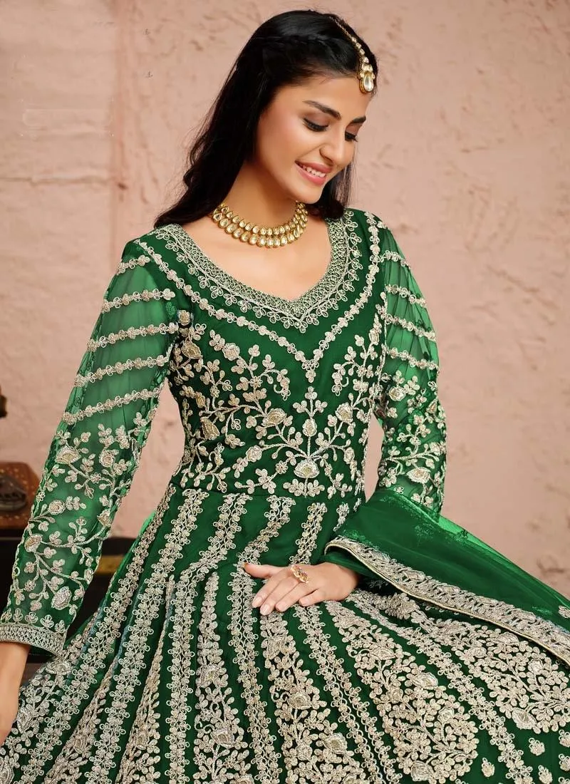 Adorable Green Color Soft Net Base Zari Work Partywear Designer Gown