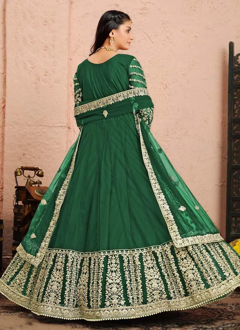 Adorable Green Color Soft Net Base Zari Work Partywear Designer Gown