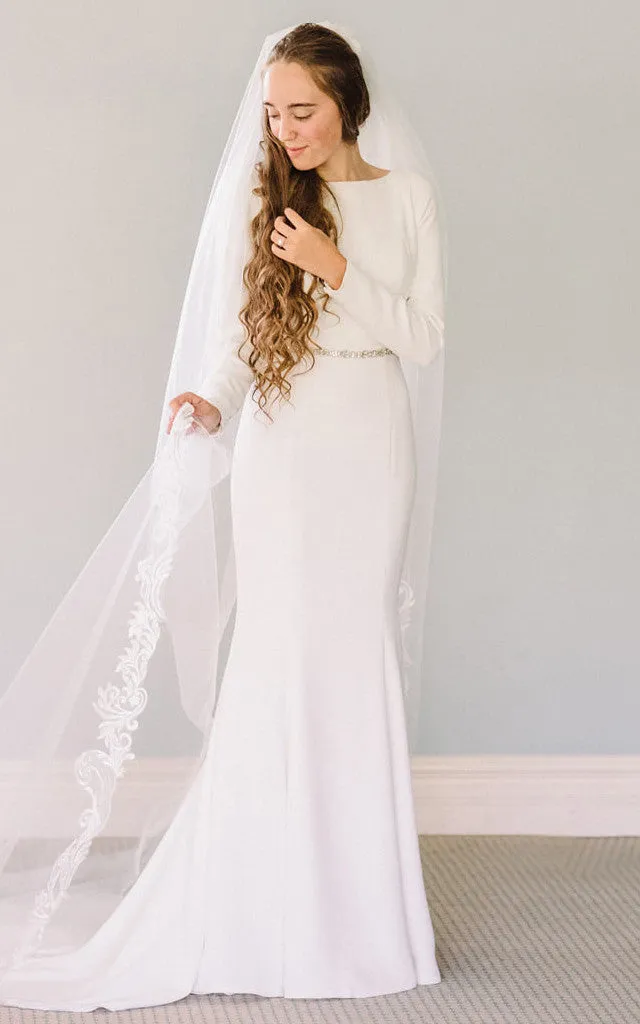 Adorable Mermaid Bateau Satin Wedding Dress With Long Sleeve And Sash-716624