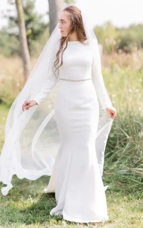 Adorable Mermaid Bateau Satin Wedding Dress With Long Sleeve And Sash-716624