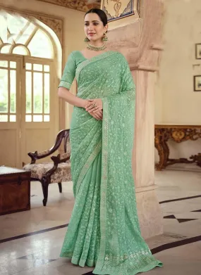 Aesthetic Chiffon Fabric Green Color Resham And Gota Work Saree