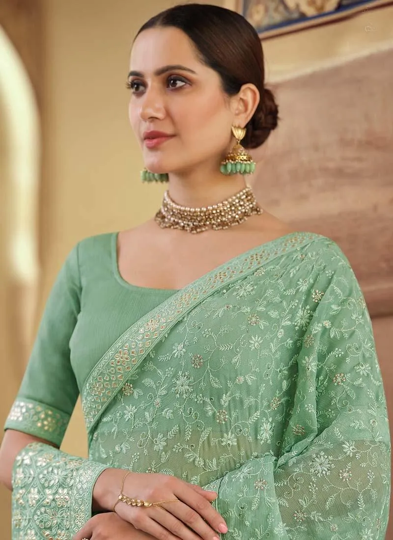 Aesthetic Chiffon Fabric Green Color Resham And Gota Work Saree