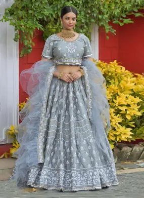 Aesthetic Grey Color Silk Base Lehenga Choli With Resham Work