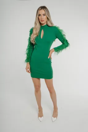 Alana Feather Detail Mini Dress In Green