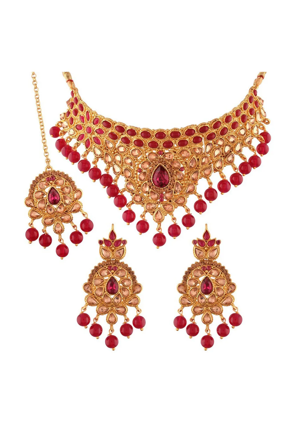 Alloy Choker Necklace Set with Maang Tikka in Red