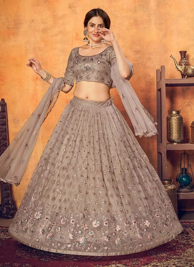 Alluring Soft Net Fabric Thread Work Dusty Brown Color Lehenga Choli