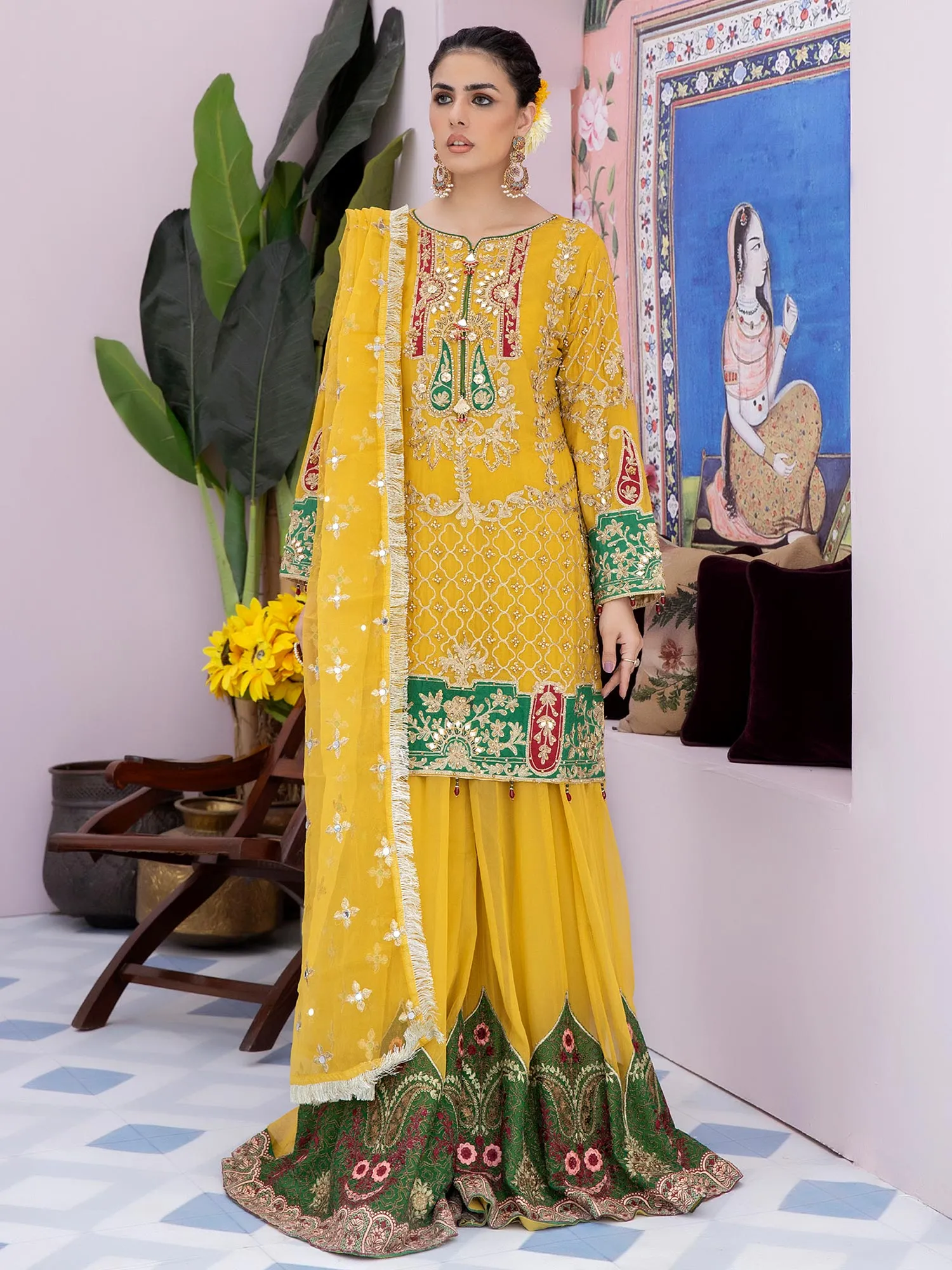 Ally's "Mehbooba" Yellow Luxury Organza Sharara Suit (AL-3391)