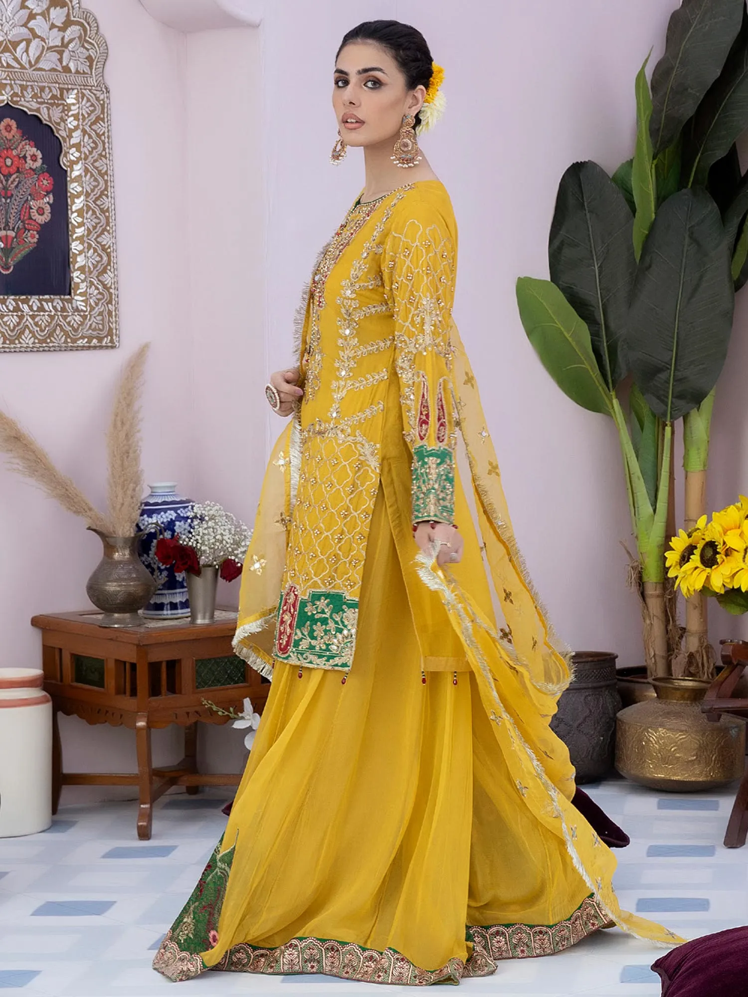 Ally's "Mehbooba" Yellow Luxury Organza Sharara Suit (AL-3391)