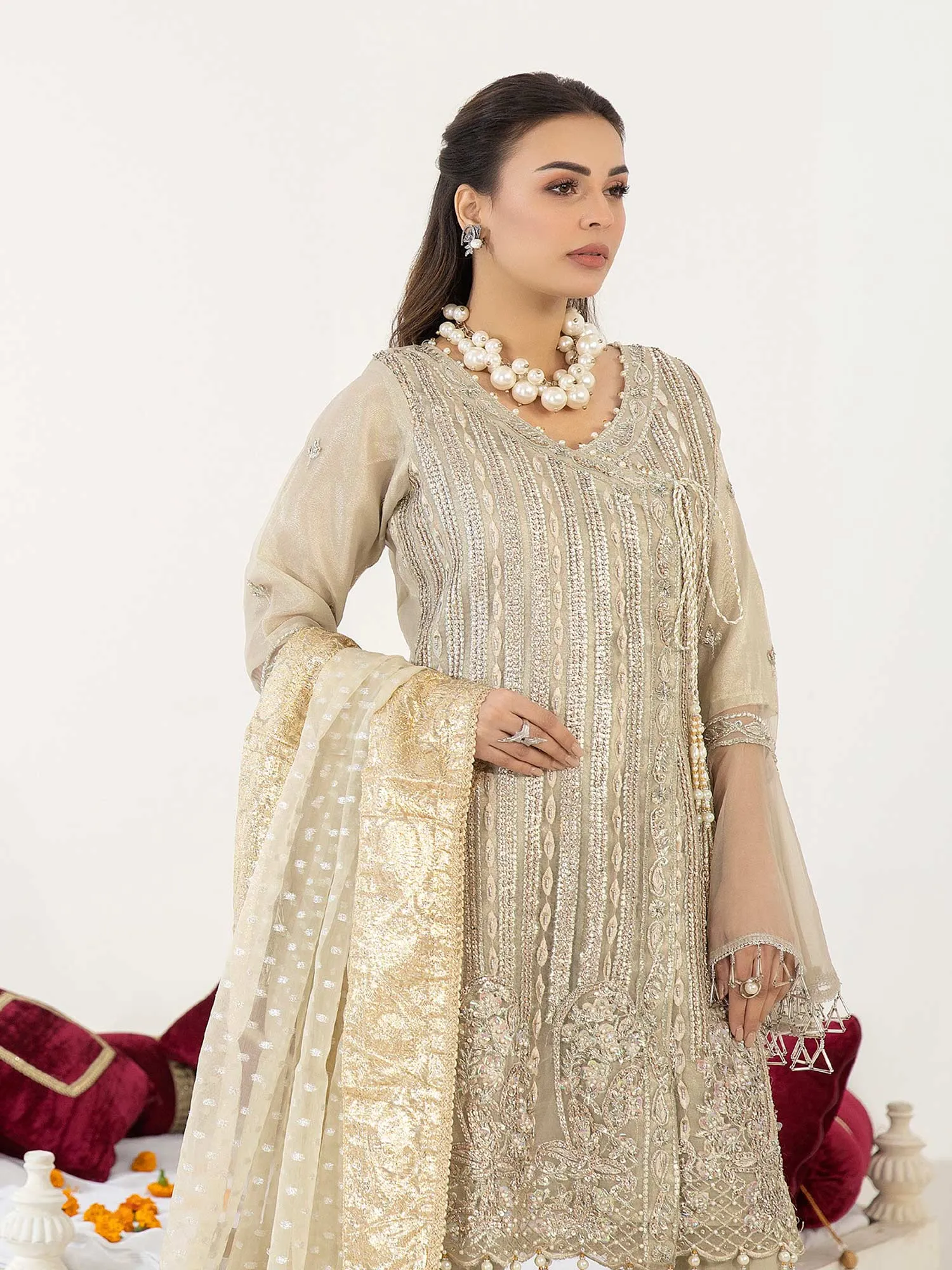 Ally's "Zebaish" Beige Embroidered Angrakha Suit (AL-3572)