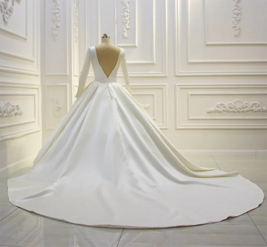 AM074 Long Sleeve Satin Simple Elegant Backless satin luxury Wedding Dress