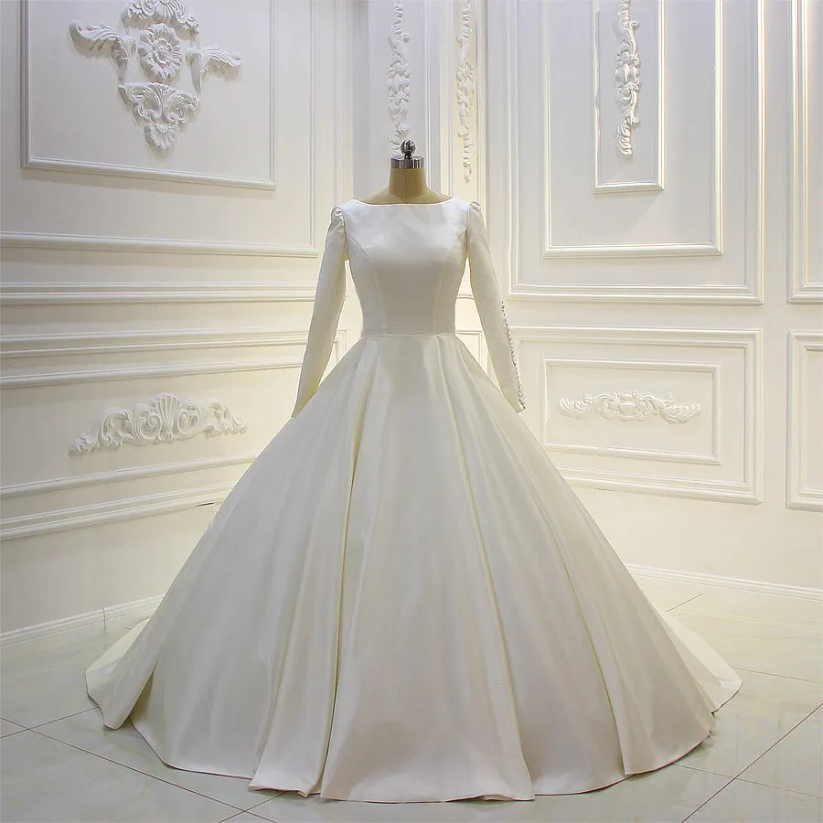 AM074 Long Sleeve Satin Simple Elegant Backless satin luxury Wedding Dress