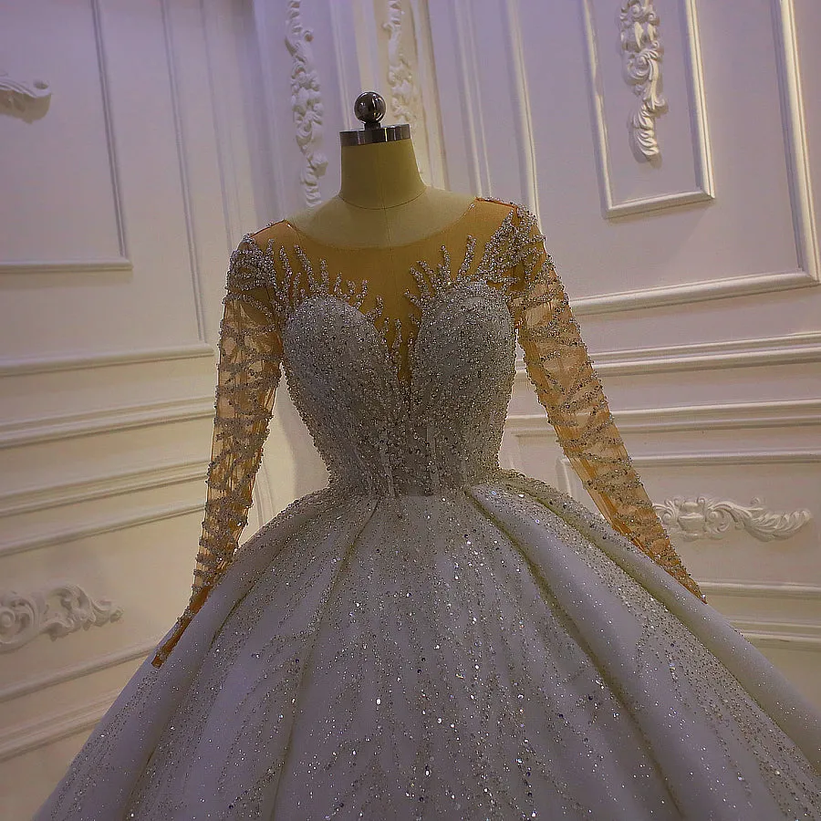 AM1094 Long Sleeve Lace Glitter Low Back Ball Gown Luxury Wedding Dress