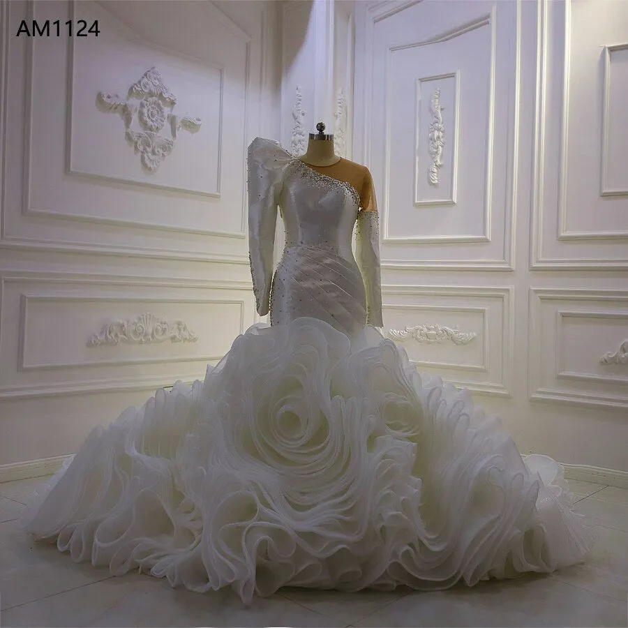 AM1124 Full puff Sleeve Ruffle trumpet Meimaid Wedding Dress