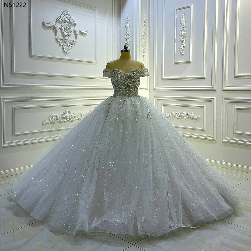 AM1222 Off Shoulder Pearls Floor Length luxury Wedding Dress