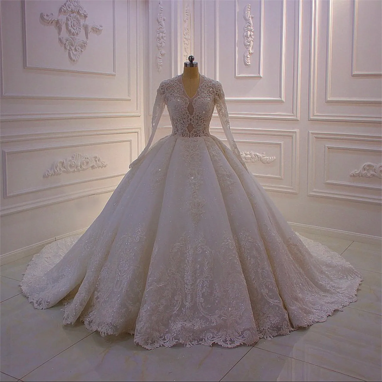 AM346 Long Sleeve Lace Appliqued Illusion Wedding Dress