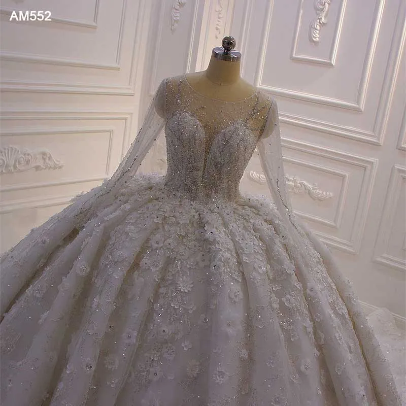 AM552 robe mariage femme Full Sleeve Rhinestone Crystal 3D Flowers Ball Gown Wedding Dress