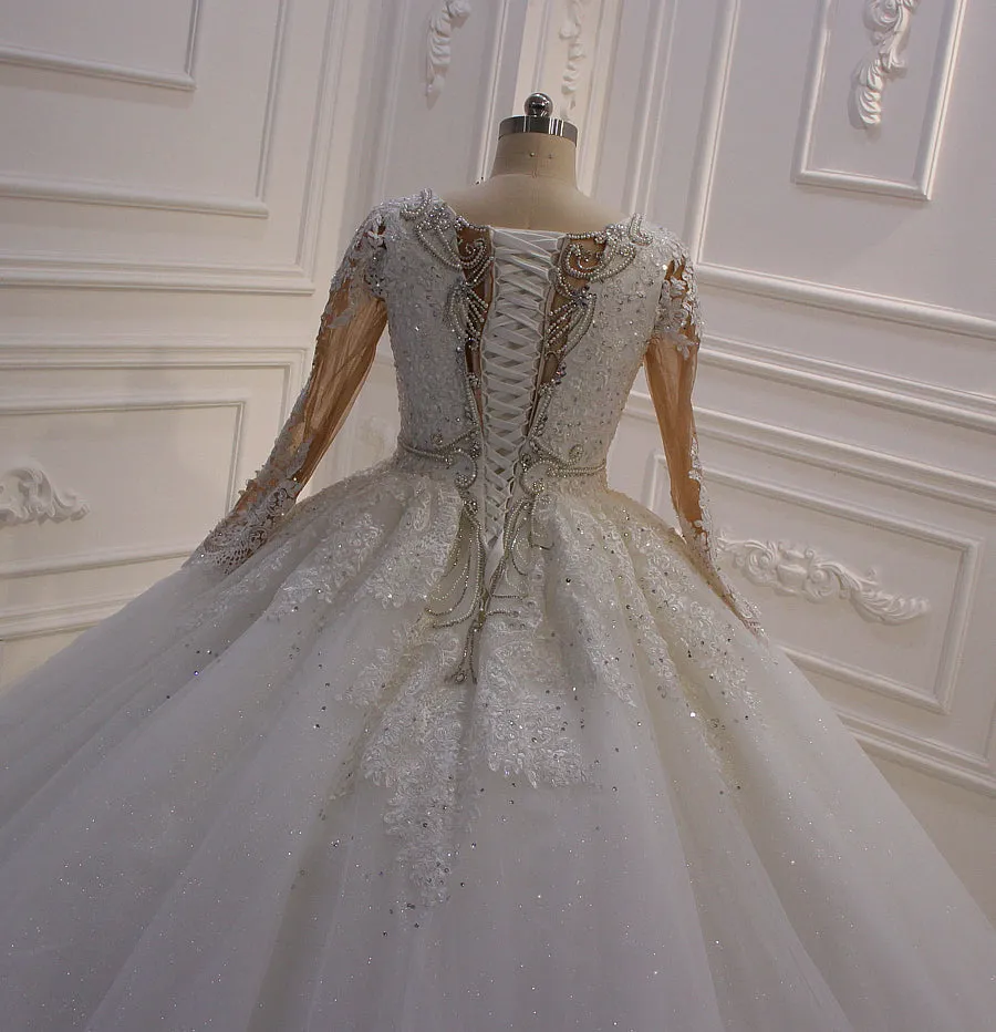 AM583 Long Sleeve Lace Rhinestones Ball gown Wedding Dress