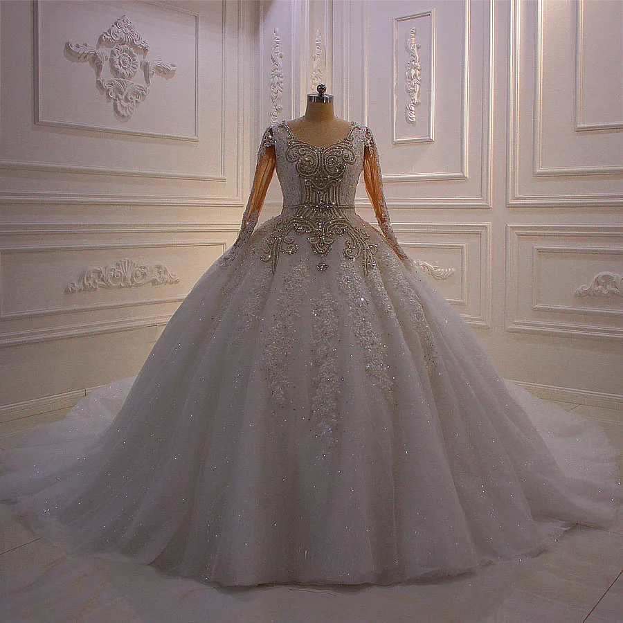 AM583 Long Sleeve Lace Rhinestones Ball gown Wedding Dress