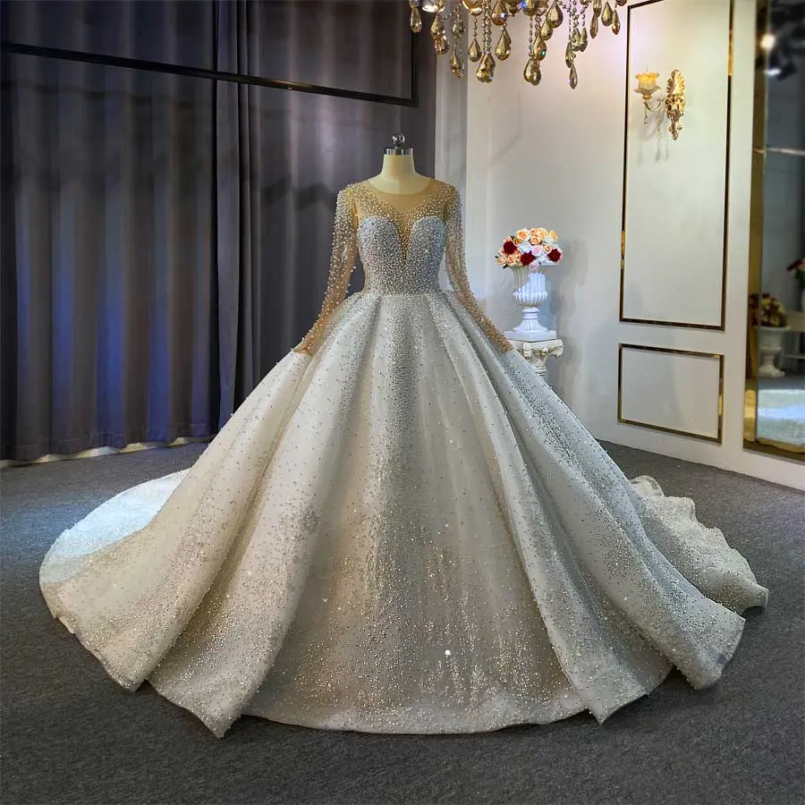 AM692 Full Pearls Beaded Luxury Couture Ball Gown Wedding Dress