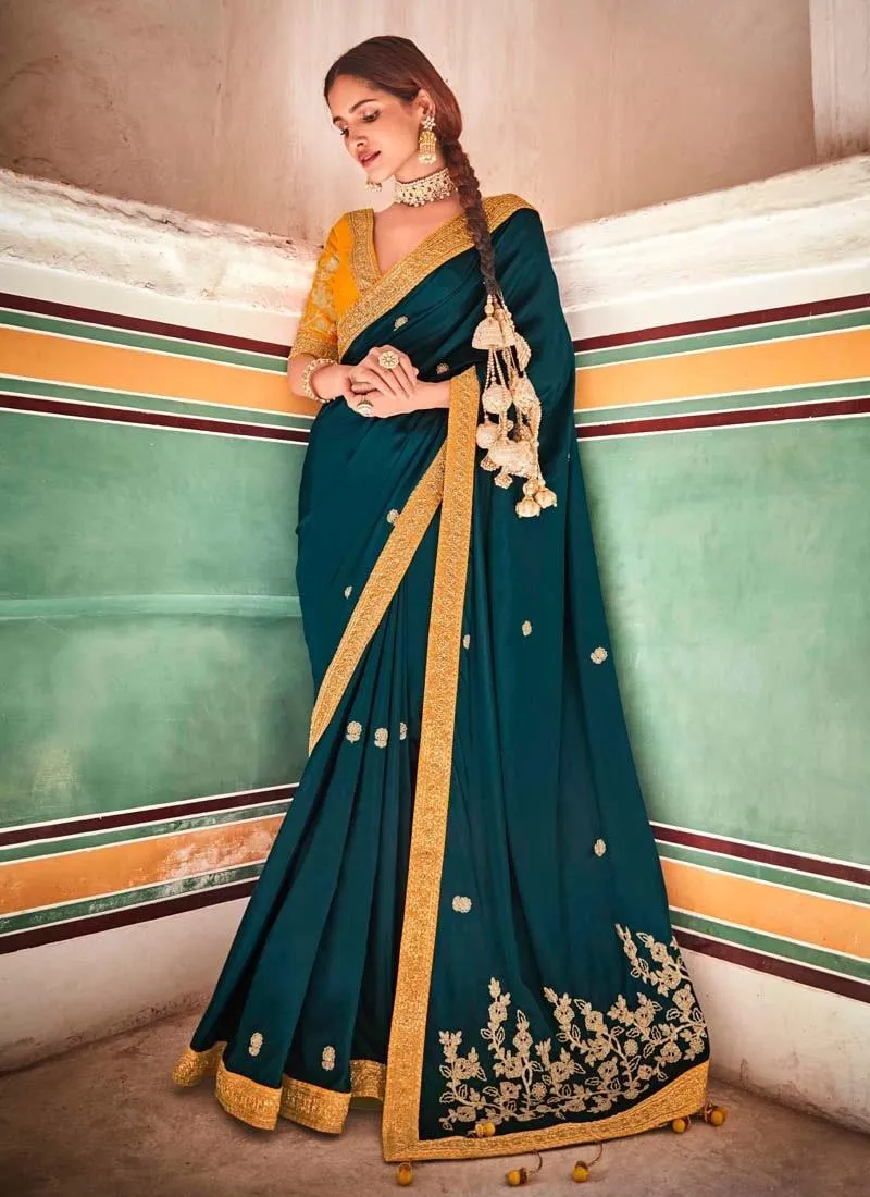 Amazing Teal Blue Color Silk Base Saree With Lace And Sequins Work