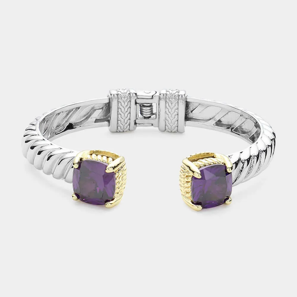 Amethyst CZ Square Tip Two Tone Twisted Metal Hinged Cuff Bracelet