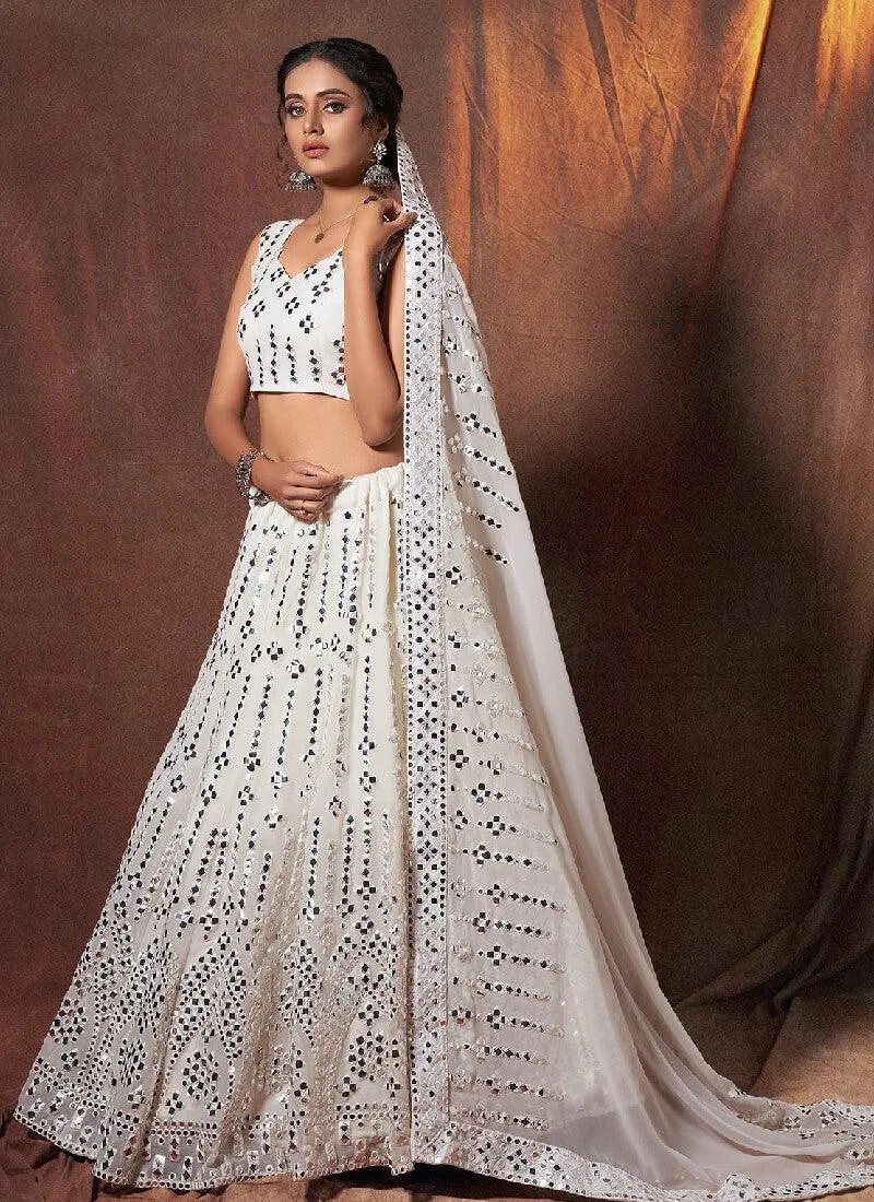 Angelic White Mirror Work Georgette Lehenga Choli Set