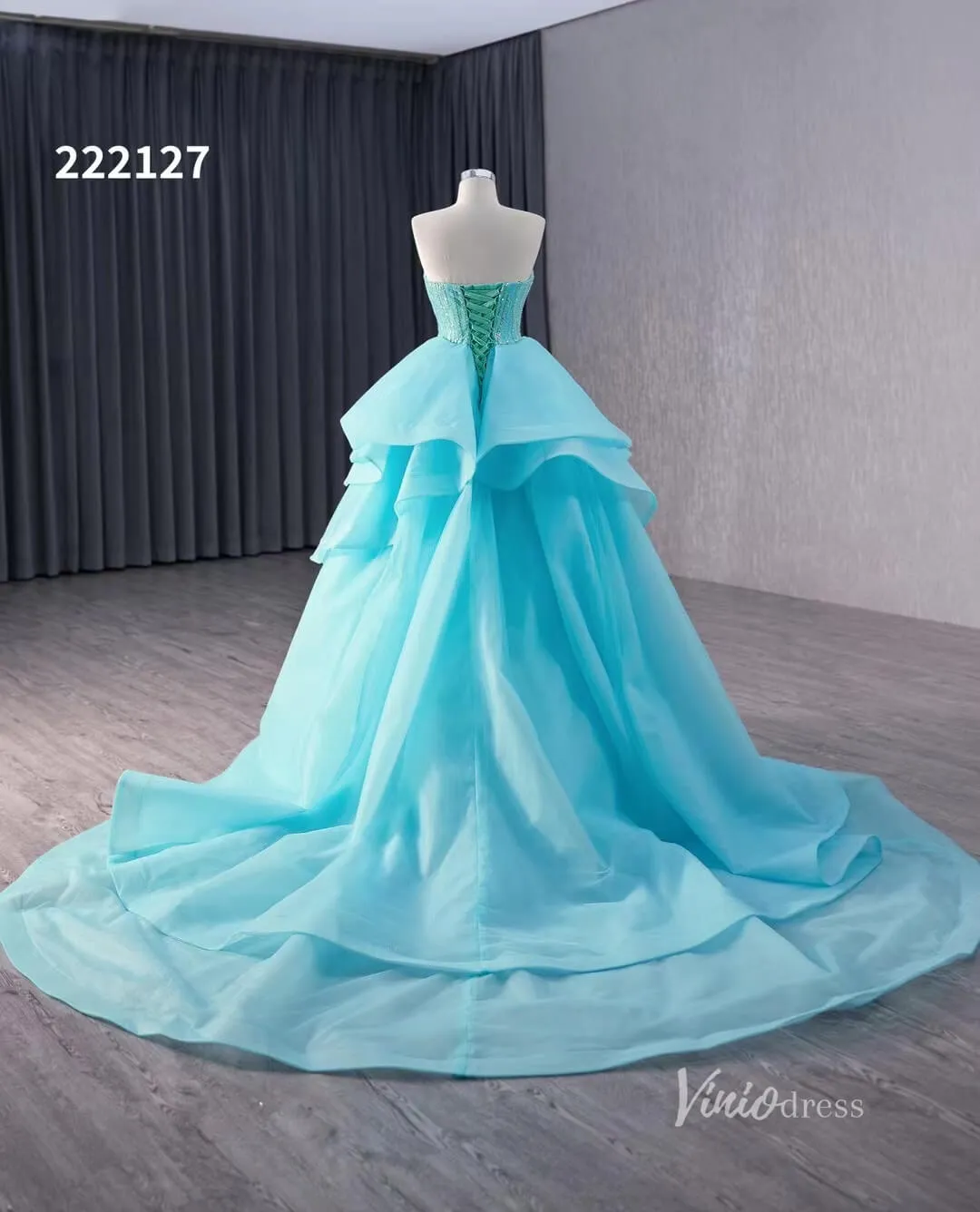 Aqua Blue Beaded Wedding Dresses with Overskirt Strapless Formal Gown 222127