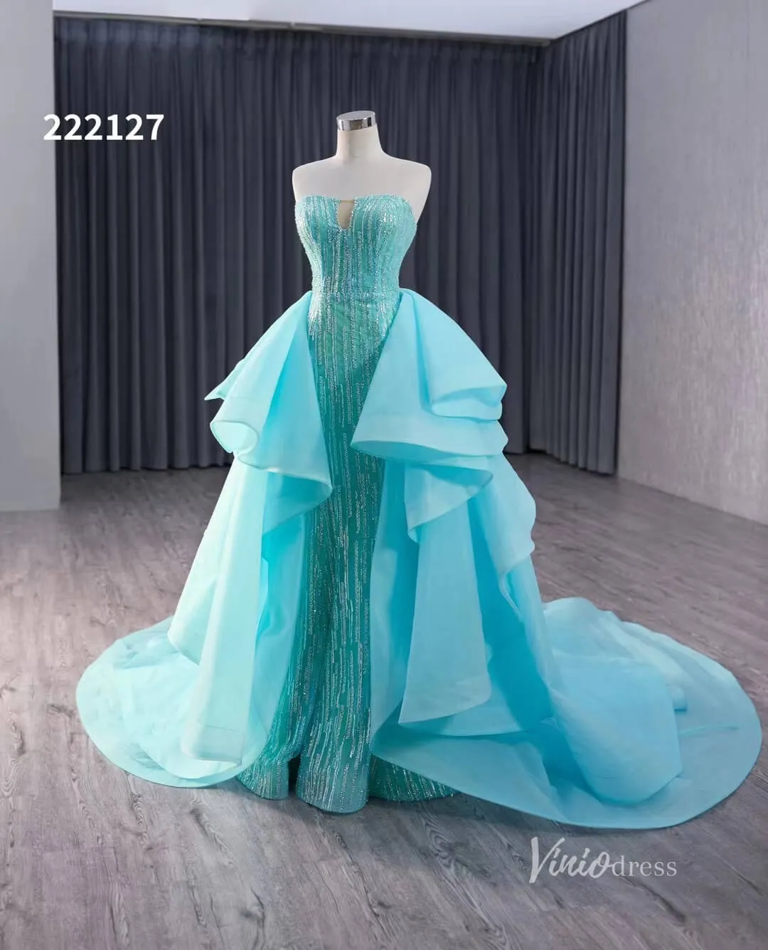 Aqua Blue Beaded Wedding Dresses with Overskirt Strapless Formal Gown 222127