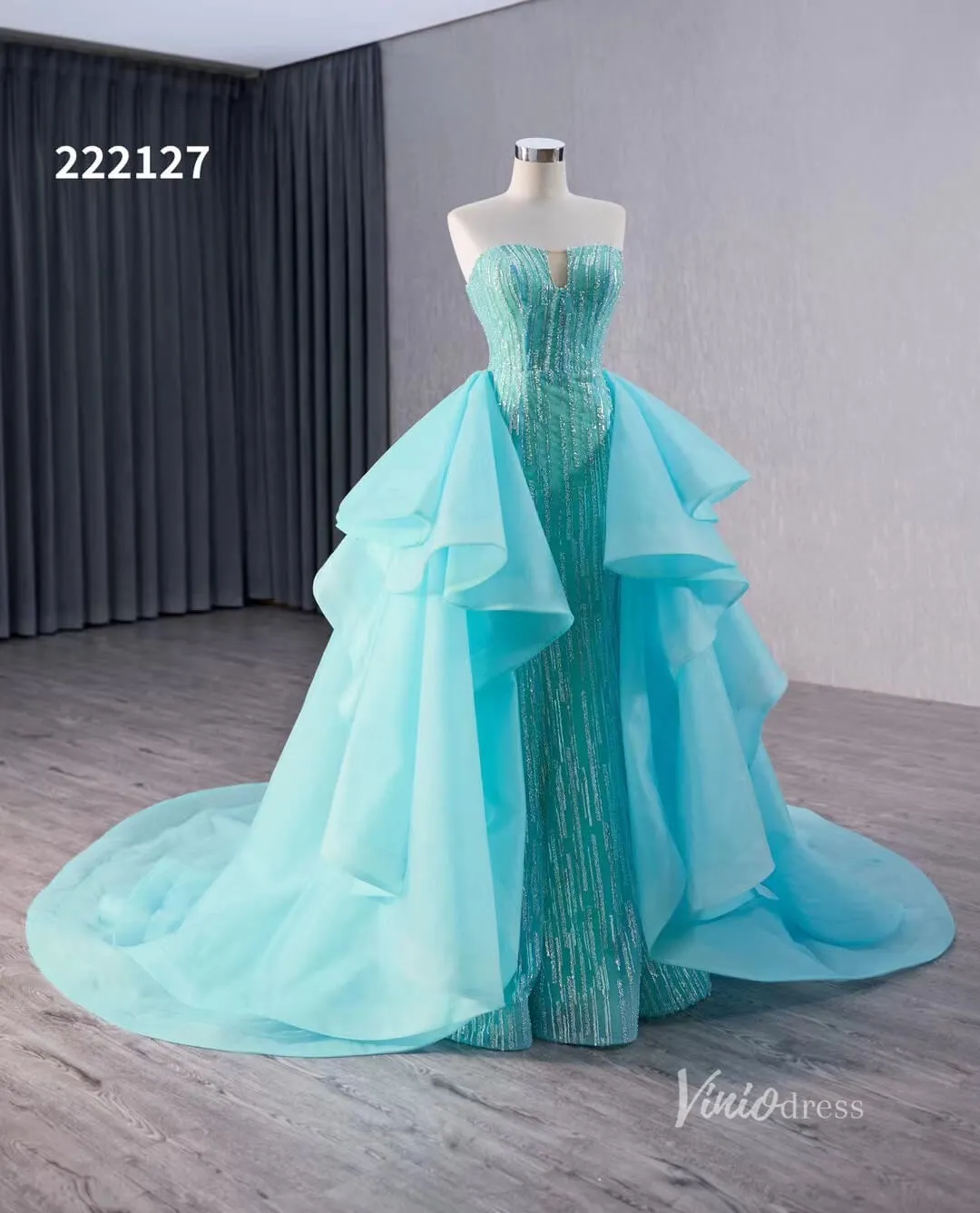 Aqua Blue Beaded Wedding Dresses with Overskirt Strapless Formal Gown 222127