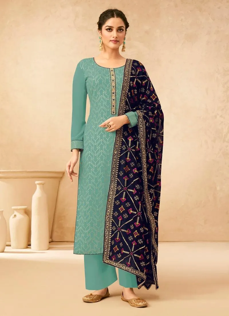 Aqua Green Sequins Work Pant Style Salwar Kameez