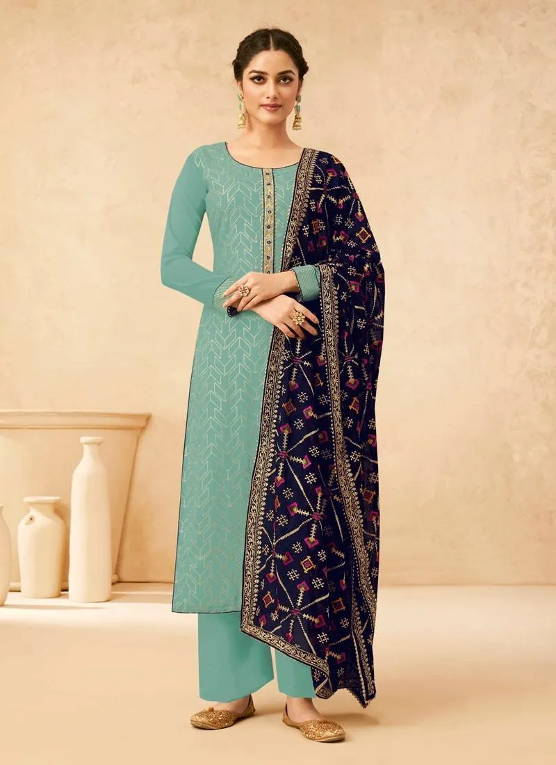 Aqua Green Sequins Work Pant Style Salwar Kameez