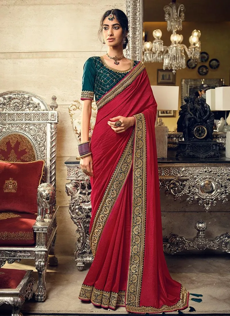 Art Silk Fabric Red Color Laced Border Half And Half Saree