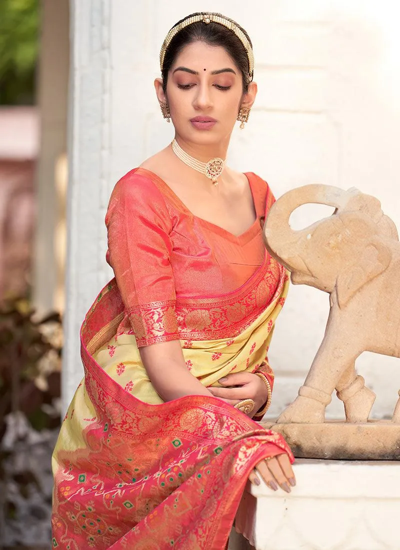 Artistic Look Off-White And Orange Color Silk Fabric Silk Weave Saree