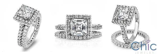 Asscher Cut Cubic Zirconia  1.5 Carat Center Matching Engagement Ring Set With Halo Pave