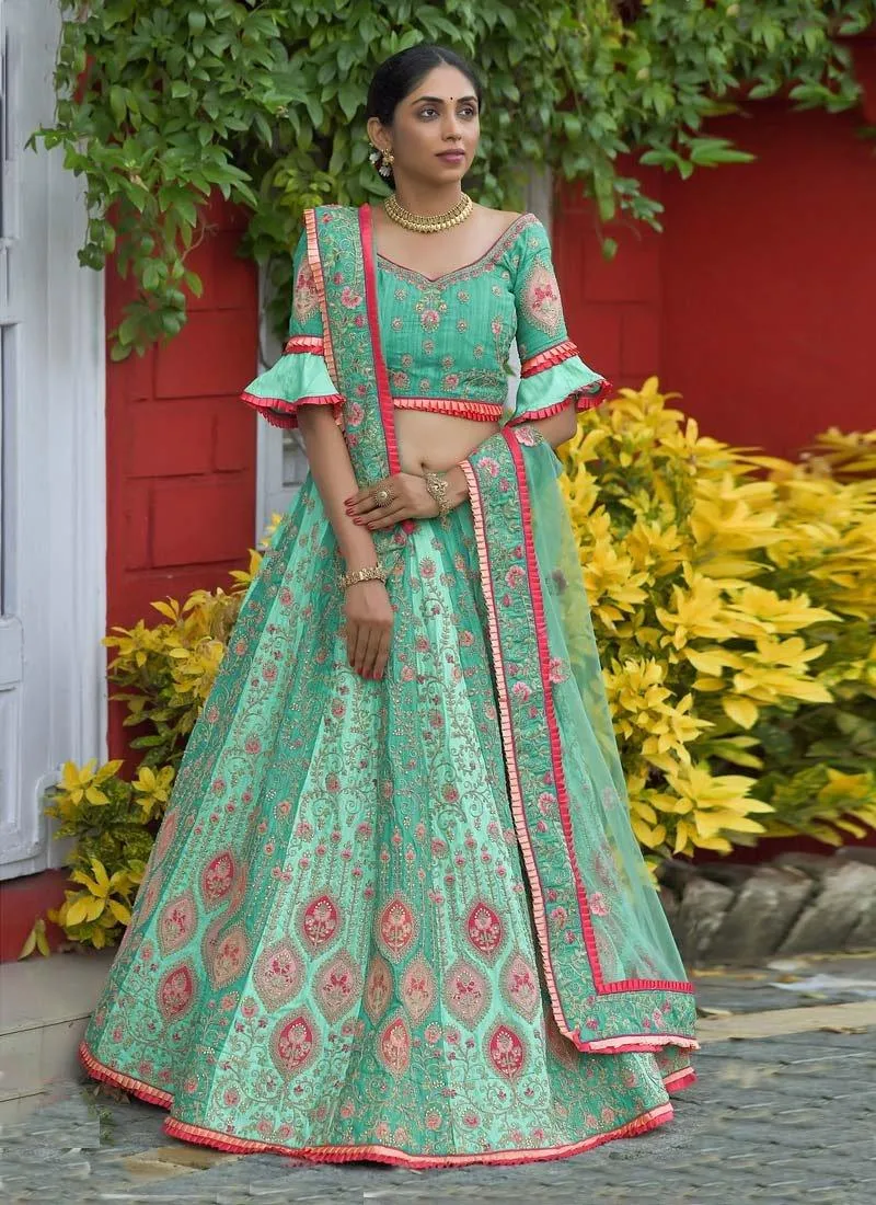 Astounding Silk Base Resham And Zari Work Green Color Lehenga Choli