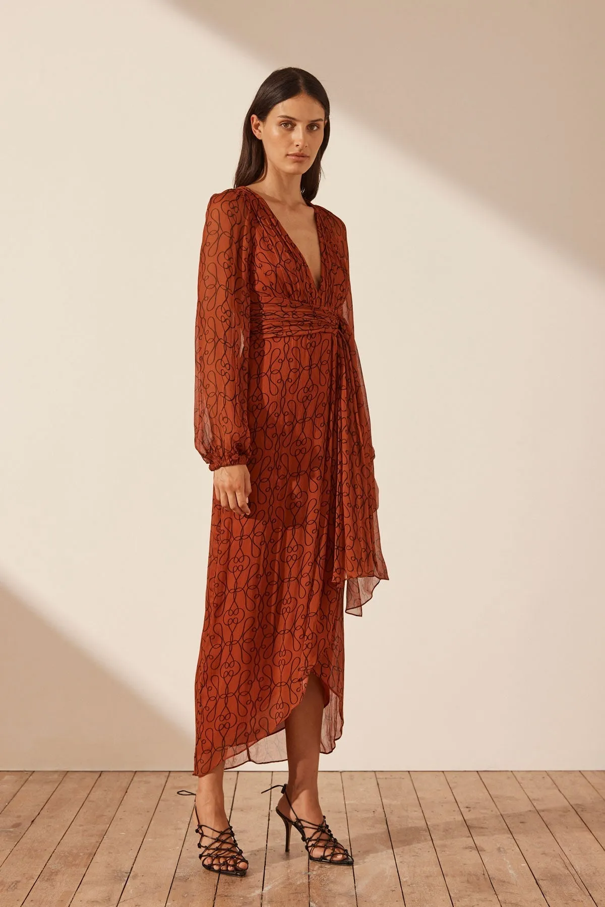 ATRANI PLUNGED LONG SLEEVE MIDI DRESS