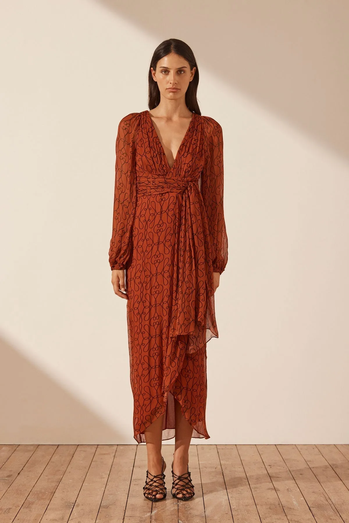 ATRANI PLUNGED LONG SLEEVE MIDI DRESS