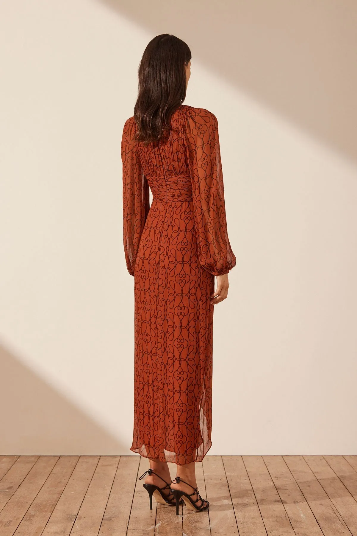 ATRANI PLUNGED LONG SLEEVE MIDI DRESS