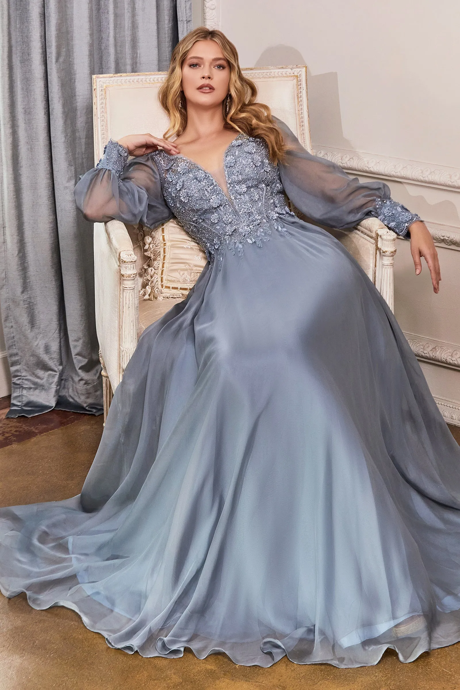 Aurora | Long Sleeve Chiffon Evening Gown | LaDivine CD0183