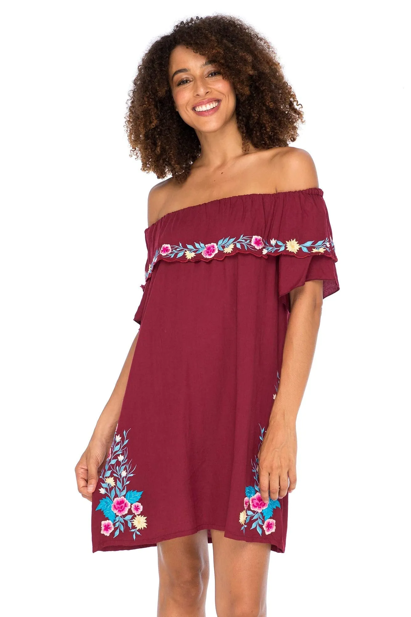 Back From Bali Womens Off Shoulder Embroidered Tunic Dress Boho Short Ruffle Beach Sundress