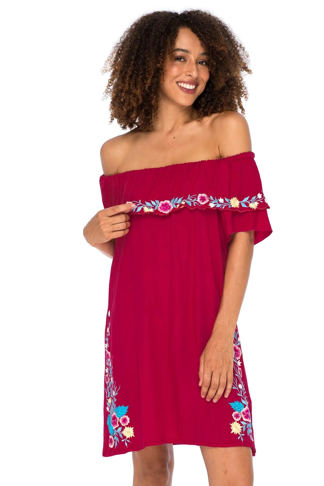 Back From Bali Womens Off Shoulder Embroidered Tunic Dress Boho Short Ruffle Beach Sundress