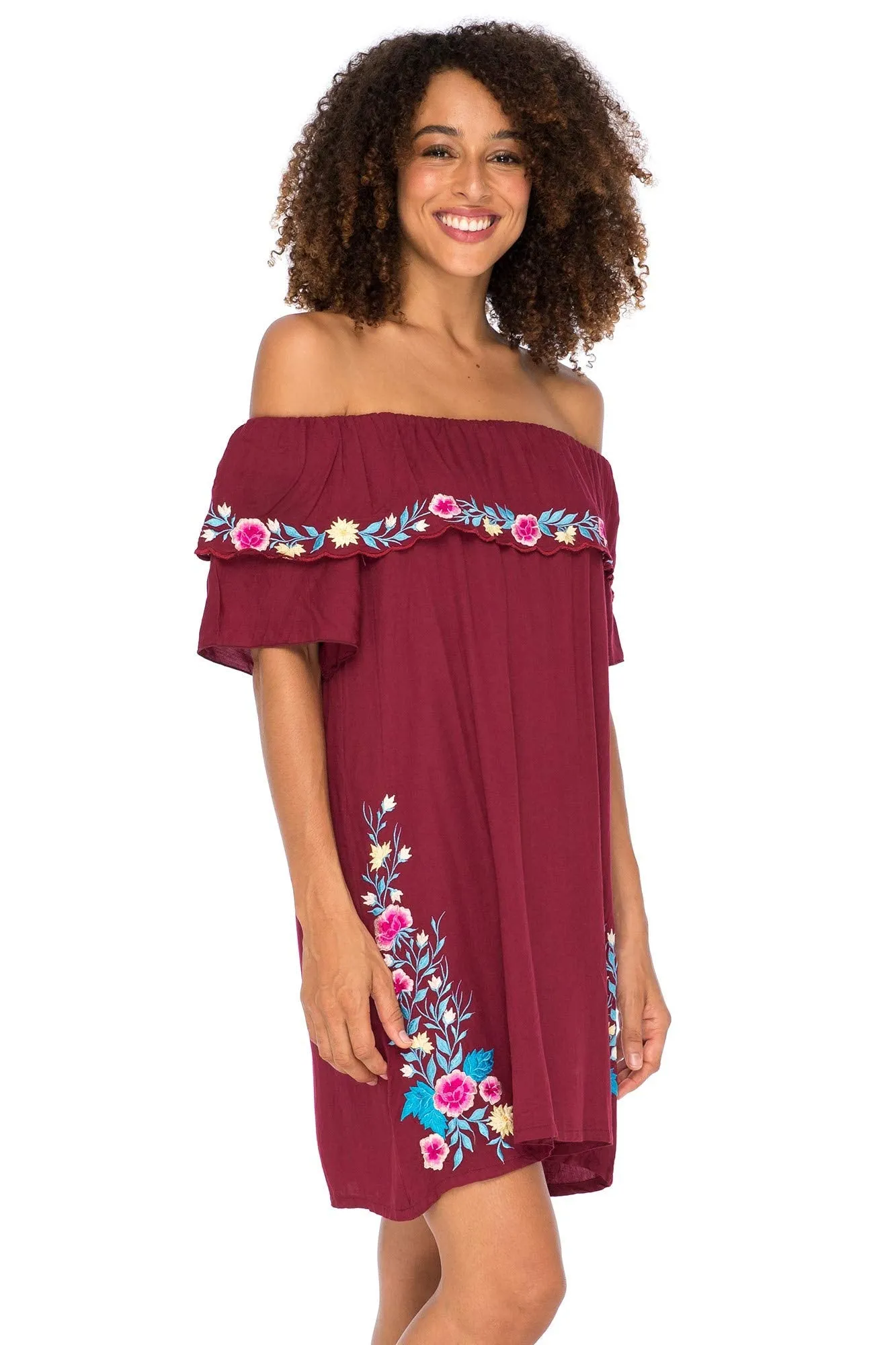 Back From Bali Womens Off Shoulder Embroidered Tunic Dress Boho Short Ruffle Beach Sundress