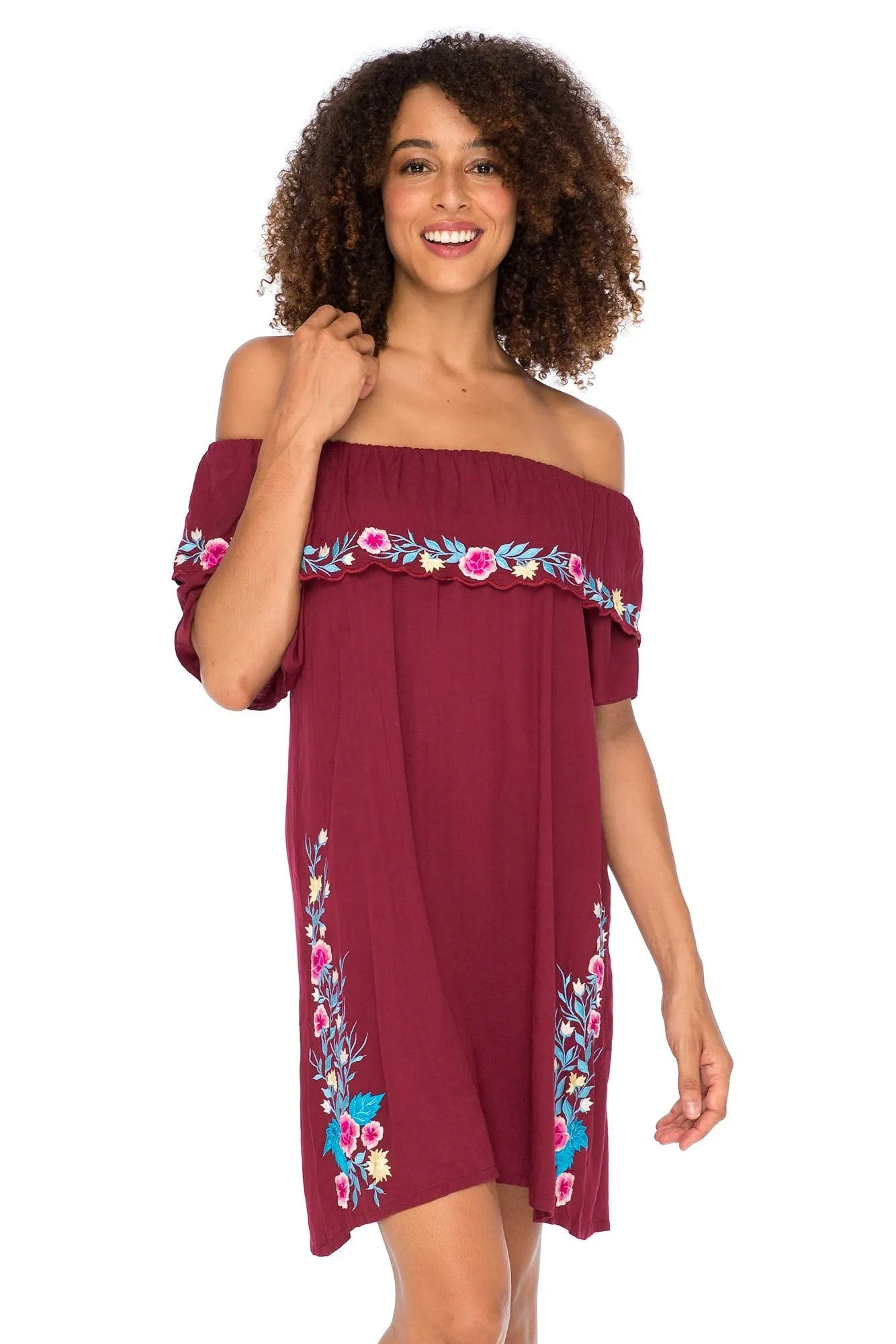 Back From Bali Womens Off Shoulder Embroidered Tunic Dress Boho Short Ruffle Beach Sundress