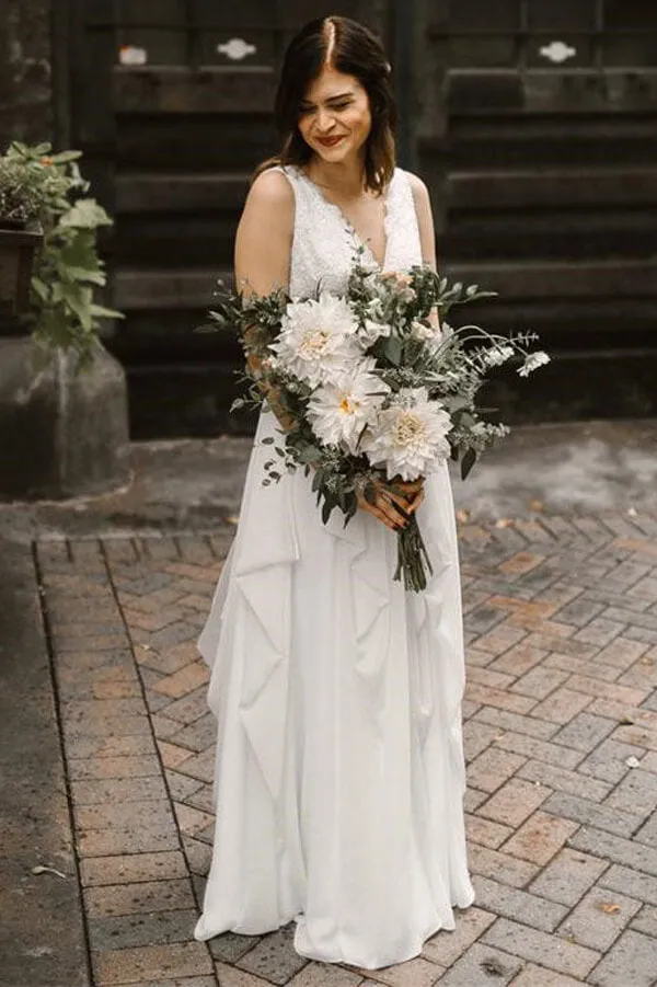 Backless Ivory Chiffon A-line Wedding Gown with V-neck Lace, WD2308222