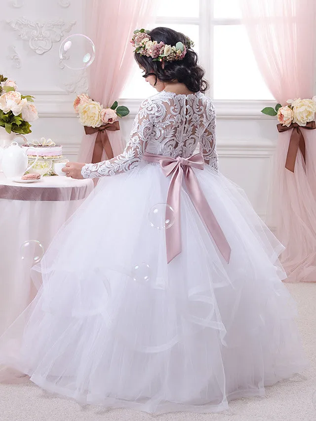 Ball Gown Cotton Long Sleeve Lace Tulle First Communion Flower Girl Dresses