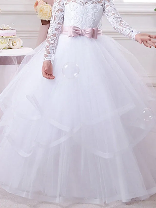 Ball Gown Cotton Long Sleeve Lace Tulle First Communion Flower Girl Dresses