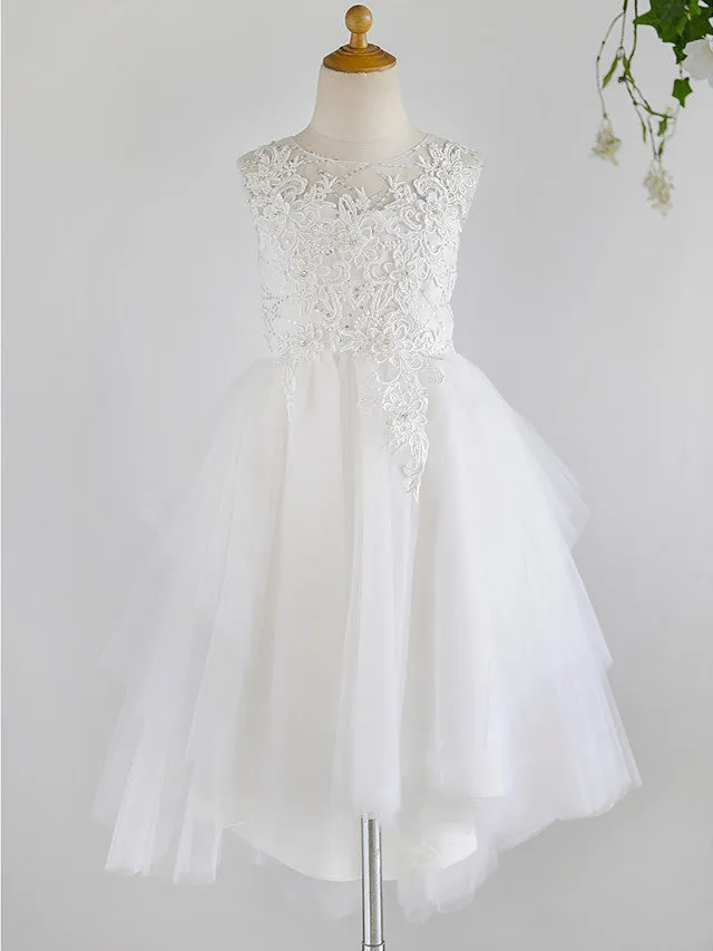 Ball Gown Lace Tulle Sleeveless Jewel Neck Asymmetrical Wedding First Communion Birthday Flower Girl Dresses