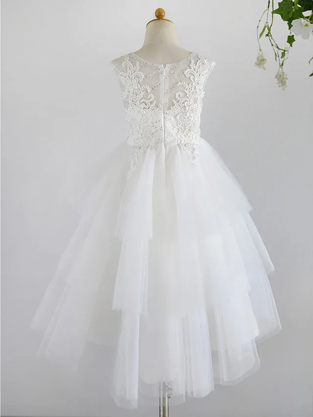 Ball Gown Lace Tulle Sleeveless Jewel Neck Asymmetrical Wedding First Communion Birthday Flower Girl Dresses