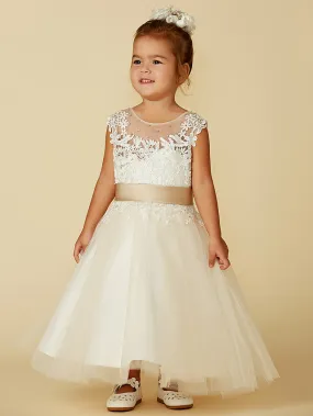 Ball Gown Lace Tulle Sleeveless Jewel Neck Wedding Party Pageant Flower Girl Dresses